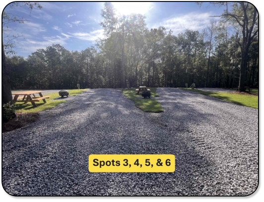 View of RV sites 3, 4, 5, & 6 at  M & M Outdoors Campground.