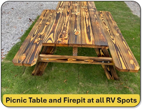 Picnic table and firepit at all RV sites at M & M Outdoors Campground.
