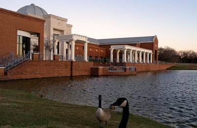 Outside view over the pond of the Montgomery Museum of Fine Arts